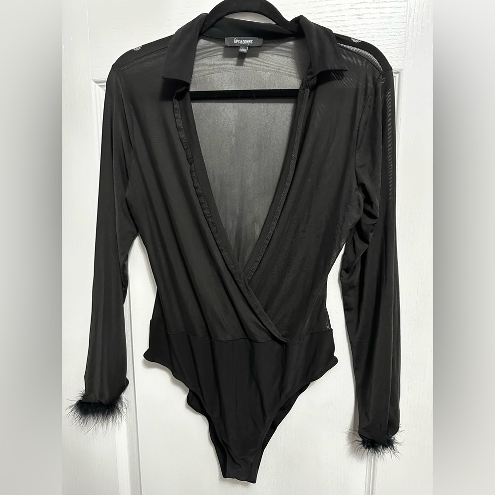 Black Long-Sleeve Wrap Bodysuit with Feather Trim XL